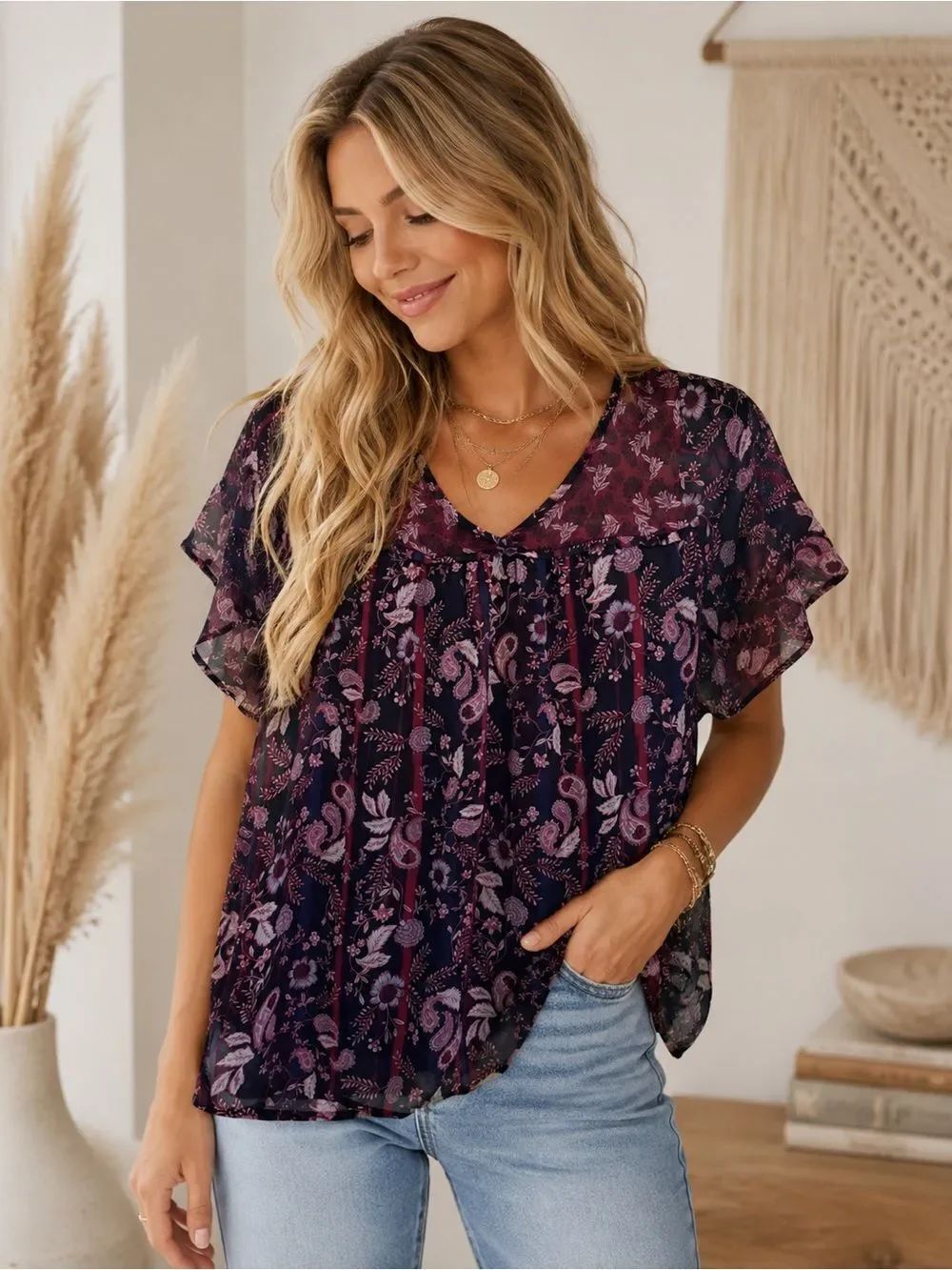 Knox Rose Navy and Burgundy Floral V-Neck Flutter Sleeve Blouse